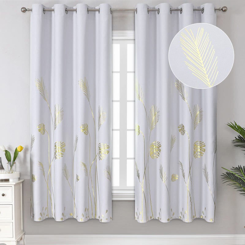 Estelar Textiler Greyish White and Gold Print Curtains 72 Inches Long Room Darkening Curtains Thermal Insulated Curtains with Wheat and Palm Tree for Bedroom Living Room 52Wx72L 2 Drapes