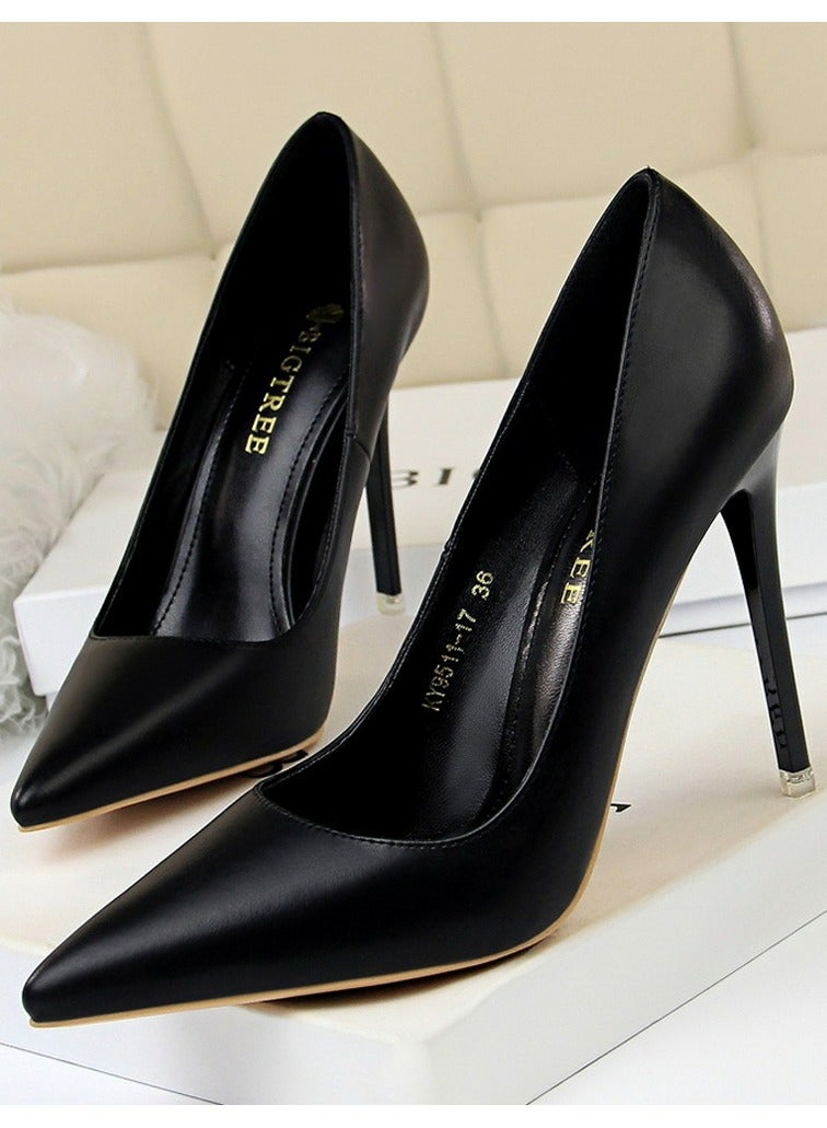 بيج تري Women's Solid Color Elegant Stiletto Pumps 10.5CM Fashion Gorgeous Closed Pointed Toe Slip On Solid High Heels Black