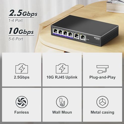 NICGIGA 10Gbe Ethernet Switch Unmanaged with 2 x 10Gb RJ45 Ports ➕ 4 x 2.5Gb Base-T Ports, Desktop/Wall Mount NICGIGA 6 Port 10Gbps Network Switch for Wireless AP, NAS, PC - Image 4