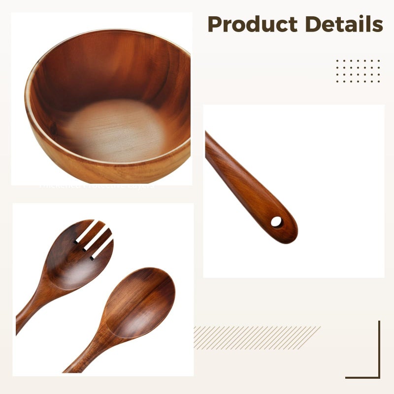مجموعة كبيرة من سلطانية سلطة خشب السنط مع أدوات تقديم وخطاف تعليق للوصفات الصحية - Image 3