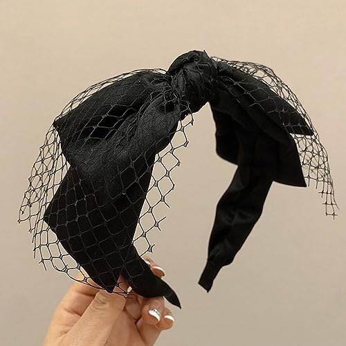 Jumwrit Black Knotted Bow Headband NonSlip Wide Mesh Headband Solid Color Elastic Big Bowknot Fashion Hair Accessories for Women Girls - Image 1