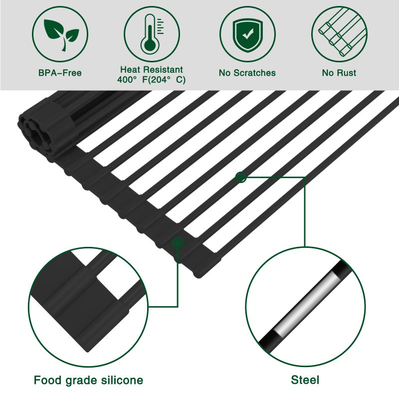 HANZENMA Roll Up Dish Drying Rack Over The Sink Kitchen Roll Up Sink Drying Rack Multipurpose Foldable Sink Drying Mat, Heat-Resistant, Anti-Slip & Anti-Rust Dish Rack for Kitchen, 17" x 13", Black - Image 4