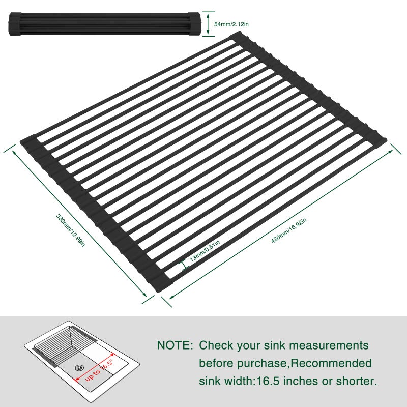 HANZENMA Roll Up Dish Drying Rack Over The Sink Kitchen Roll Up Sink Drying Rack Multipurpose Foldable Sink Drying Mat, Heat-Resistant, Anti-Slip & Anti-Rust Dish Rack for Kitchen, 17" x 13", Black - Image 2