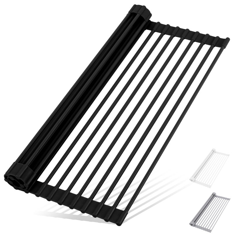 HANZENMA Roll Up Dish Drying Rack Over The Sink Kitchen Roll Up Sink Drying Rack Multipurpose Foldable Sink Drying Mat, Heat-Resistant, Anti-Slip & Anti-Rust Dish Rack for Kitchen, 17" x 13", Black - Image 1