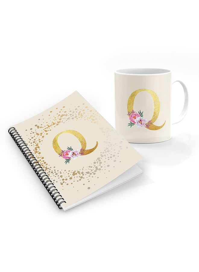 Stylizedd Printed Coffee Mug + A5 Spiral Notebook Memo Personalised Combo Gift Set Custom Monogram Initial Letter Floral Pattern Alphabet -  Q (Cream)