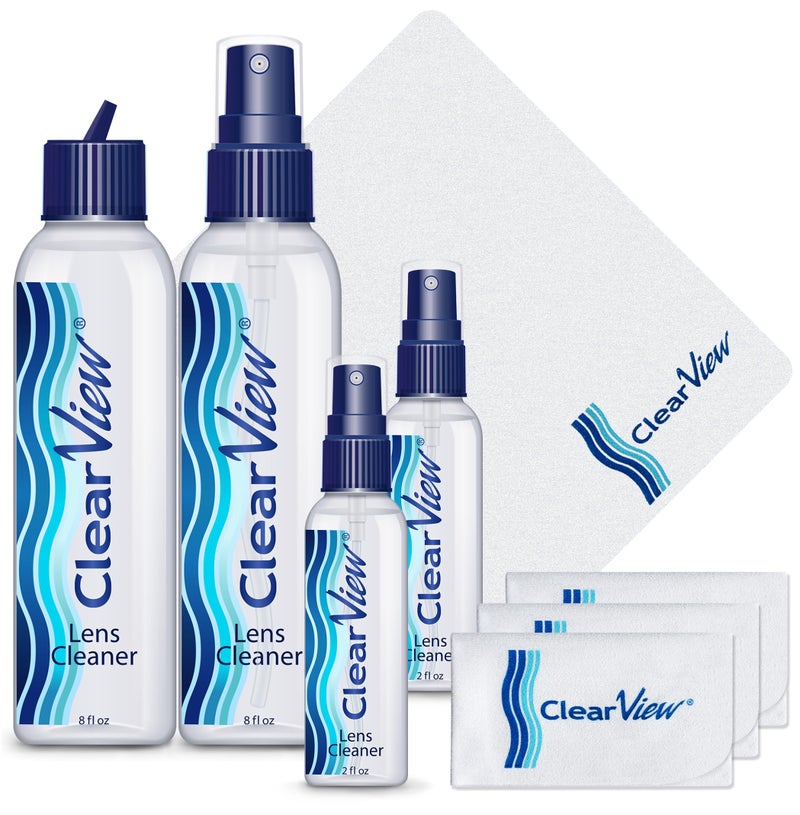 Clear View Clear View Lens Cleaner Kit | Includes 1 Flip-Top Refill Bottle (8 oz), 1 Spray Bottle (8 oz), 2 Spray Bottles (2 oz) and 4 Microfiber Cloths | Safe on All Lenses | Scientifically Formulated  - Image 1