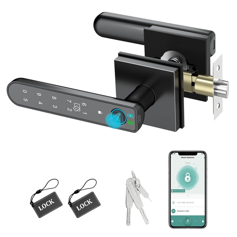 Foxgard Smart Fingerprint Door Lock:Fingerprint Door Knob-Biometric 5-in-1 Finger Print Door Lock-Thumb Print Door Knob for Bedroom-APP Control-Easy Installationâ€“Square Blackâ€“1 Pack - Image 1
