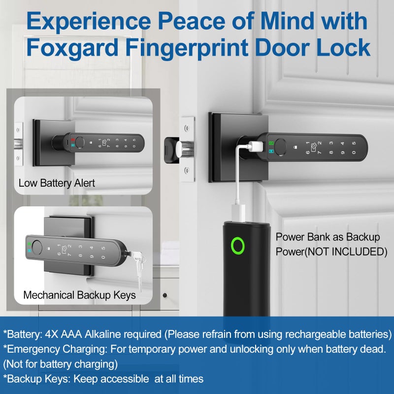 Foxgard Smart Fingerprint Door Lock:Fingerprint Door Knob-Biometric 5-in-1 Finger Print Door Lock-Thumb Print Door Knob for Bedroom-APP Control-Easy Installationâ€“Square Blackâ€“1 Pack - Image 5
