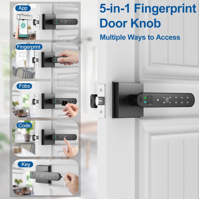 Foxgard Smart Fingerprint Door Lock:Fingerprint Door Knob-Biometric 5-in-1 Finger Print Door Lock-Thumb Print Door Knob for Bedroom-APP Control-Easy Installationâ€“Square Blackâ€“1 Pack - Image 2