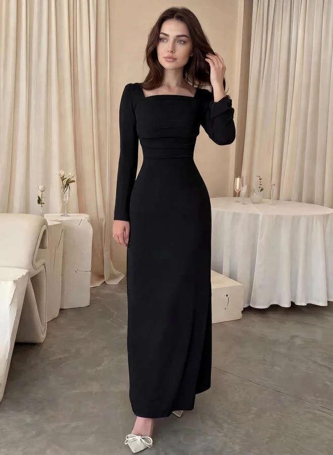 Styli Black Square Neck A-Line Maxi Dress