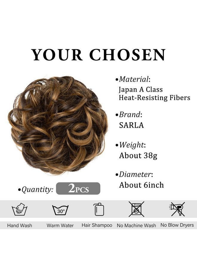 SARLA 2PCS Messy Hair Bun Hair Pieces Wavy Curly Synthetic Updo Fake Scrunchies Ponytail Extension for Women Dark Brown/Beach Blonde Highlight - Image 2
