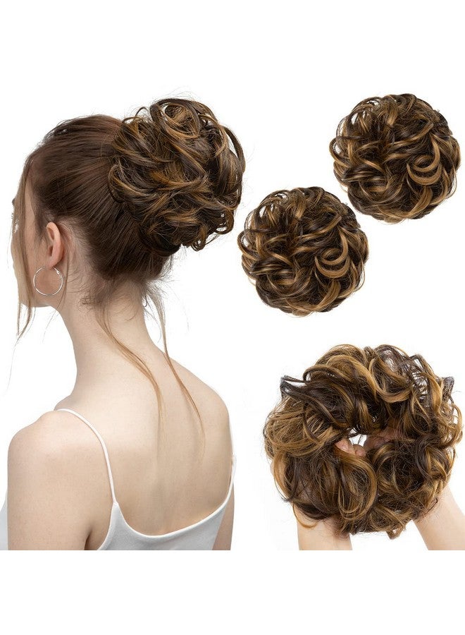 SARLA 2PCS Messy Hair Bun Hair Pieces Wavy Curly Synthetic Updo Fake Scrunchies Ponytail Extension for Women Dark Brown/Beach Blonde Highlight - Image 1