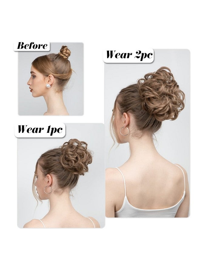 SARLA 2PCS Messy Hair Bun Hair Pieces Wavy Curly Synthetic Updo Fake Scrunchies Ponytail Extension for Women Dark Brown/Beach Blonde Highlight - Image 4