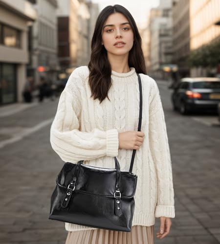 My Friday myfriday Leather Messenger Bag for Women Vintage Briefcase Small Office Bag Crossbody Work Bag Business Satchel Shoulder Bag (Black) - Image 2