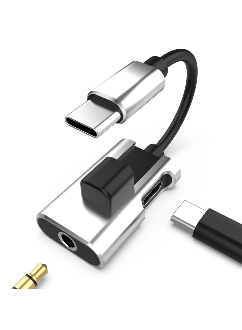 محول USB C إلى مقبس سماعة الرأس 3.5 مم وشاحن، كابل دوغل 2 في 1 USB C إلى جاك صوت AUX Hi-Res DAC وشحن سريع متوافق مع سلسلة Galaxy/Pixel/Note - Image 1