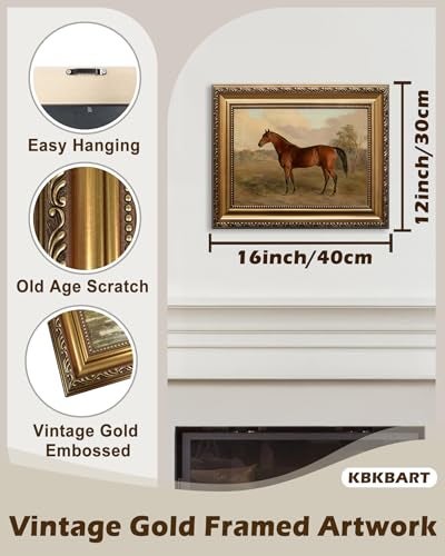 KBKBART Gold Framed Vintage Wall Art Vintage Horse Painting Farmhouse Decor Rustic Antique Equestrian Art Prints Wall Decor Western Animal Picture Wall Hanging Decor for Living Room Bathroom Office Bedroom12x16 - Image 3