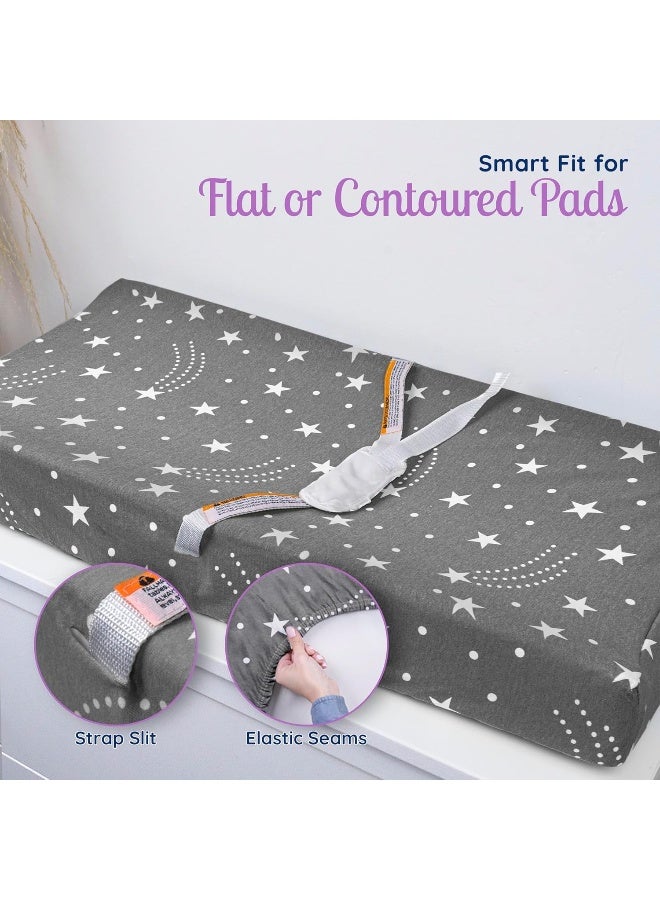 GrowWILD GROW WILD Changing Pad Cover 3 Pack | Soft & Stretchy Jersey Cotton | Baby Changing Table Pad Cover | Diaper Changing Pad Covers for Girls or Boys | Wipeable Sheets | Grey White Navy Blue Stars Moons  - Image 4
