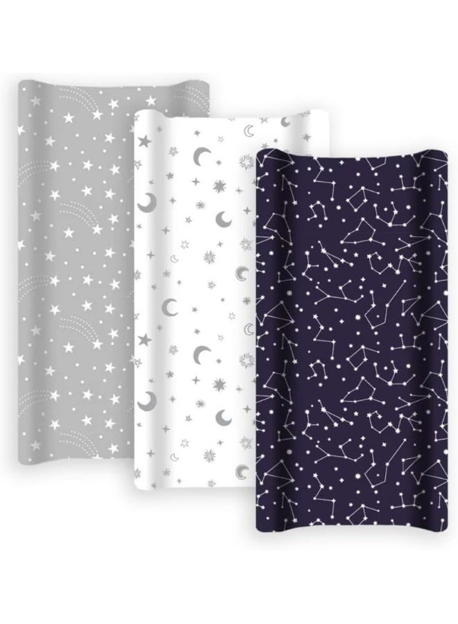 GrowWILD GROW WILD Changing Pad Cover 3 Pack | Soft & Stretchy Jersey Cotton | Baby Changing Table Pad Cover | Diaper Changing Pad Covers for Girls or Boys | Wipeable Sheets | Grey White Navy Blue Stars Moons  - Image 2