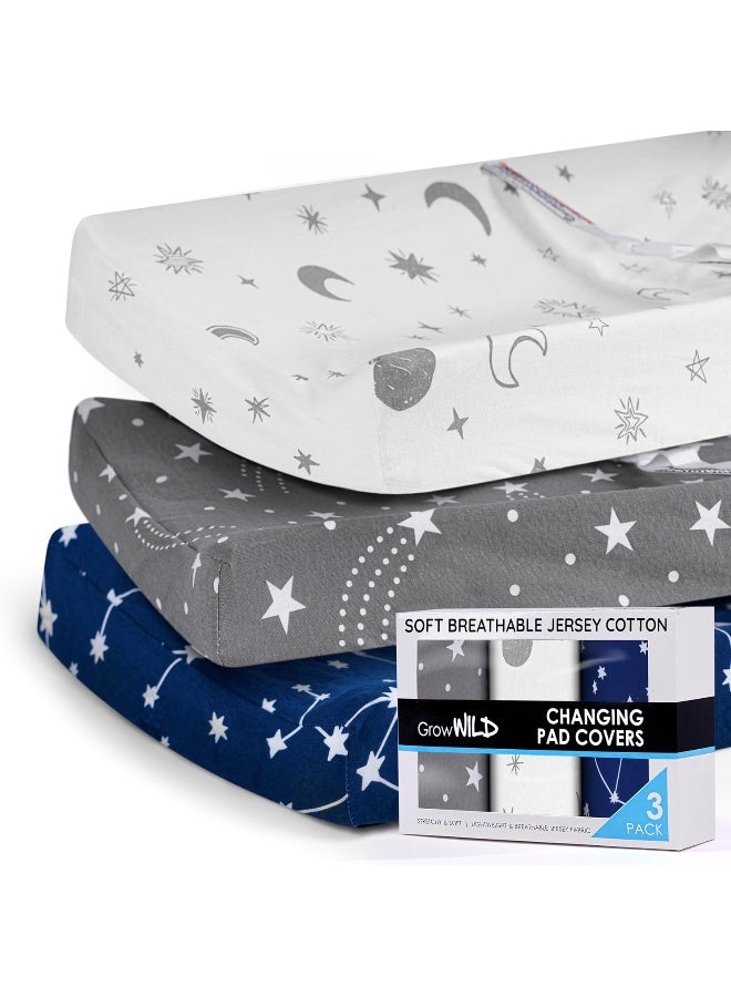GrowWILD GROW WILD Changing Pad Cover 3 Pack | Soft & Stretchy Jersey Cotton | Baby Changing Table Pad Cover | Diaper Changing Pad Covers for Girls or Boys | Wipeable Sheets | Grey White Navy Blue Stars Moons  - Image 1