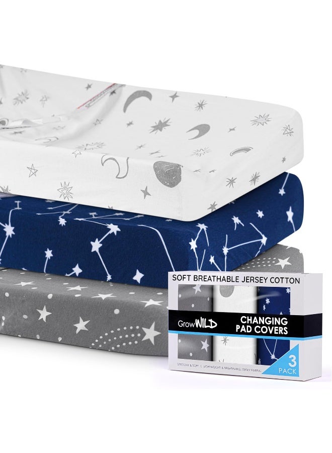 GrowWILD GROW WILD Changing Pad Cover 3 Pack | Soft & Stretchy Jersey Cotton | Baby Changing Table Pad Cover | Diaper Changing Pad Covers for Girls or Boys | Wipeable Sheets | Grey White Navy Blue Stars Moons - Image 3