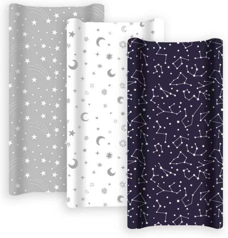 GrowWILD GROW WILD Changing Pad Cover 3 Pack | Soft & Stretchy Jersey Cotton | Baby Changing Table Pad Cover | Diaper Changing Pad Covers for Girls or Boys | Wipeable Sheets | Grey White Navy Blue Stars Moons - Image 2