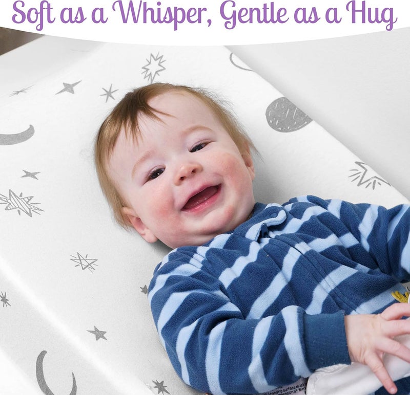 GrowWILD GROW WILD Changing Pad Cover 3 Pack | Soft & Stretchy Jersey Cotton | Baby Changing Table Pad Cover | Diaper Changing Pad Covers for Girls or Boys | Wipeable Sheets | Grey White Navy Blue Stars Moons - Image 5