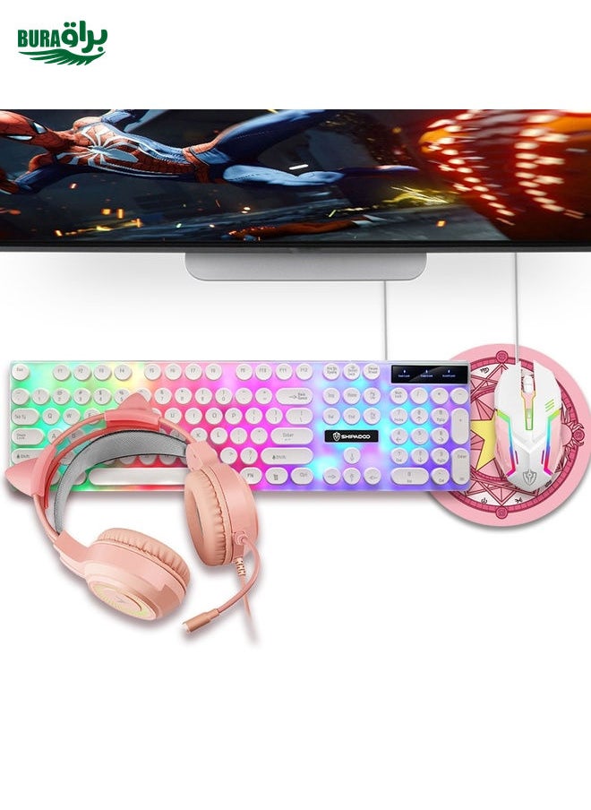 BURAQ Shipadoo LD-122 4 in 1 Girly Glowing Keyboard + Mouse + Earphone + Mouse Pad Set(Pink Punk)  - Image 1