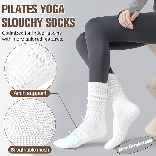 Sandsuced Pilates Grip Slouchy Yoga Socks Winter Warm Cozy Scrunch Boot Grippy Crew Slipper Socks 4 Pairs for Women Gift Stocking Stuffers(White,M) - Image 3