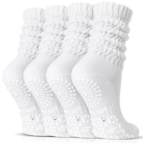 Sandsuced Pilates Grip Slouchy Yoga Socks Winter Warm Cozy Scrunch Boot Grippy Crew Slipper Socks 4 Pairs for Women Gift Stocking Stuffers(White,M) - Image 1