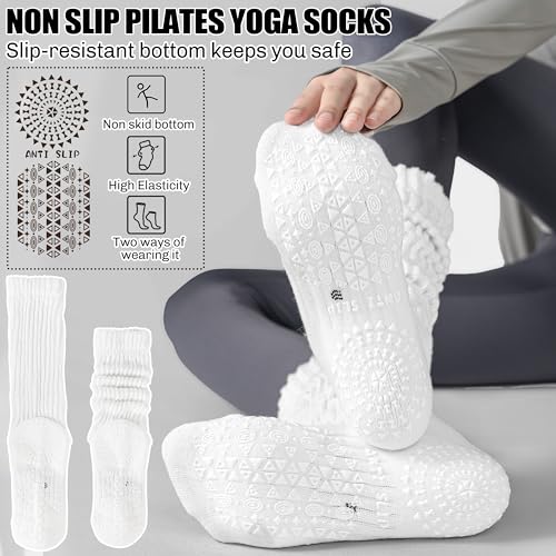 Sandsuced Pilates Grip Slouchy Yoga Socks Winter Warm Cozy Scrunch Boot Grippy Crew Slipper Socks 4 Pairs for Women Gift Stocking Stuffers(White,M) - Image 5