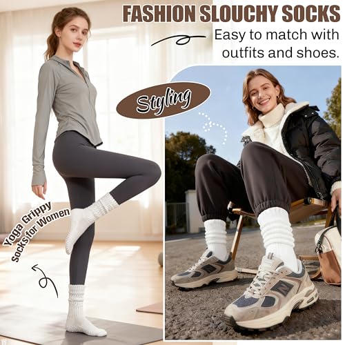 Sandsuced Pilates Grip Slouchy Yoga Socks Winter Warm Cozy Scrunch Boot Grippy Crew Slipper Socks 4 Pairs for Women Gift Stocking Stuffers(White,M) - Image 4