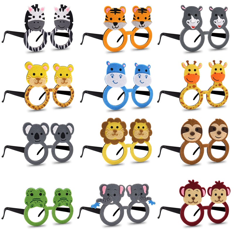 Bessmoso 12 Pack Jungle Animal Glasses Safari Costume Party Favors,12 Kinds of Eyeglasses for Petting Zoo Farmhouse Themed Birthday Party Jungle Safari Dress-Up Cosplay Party Supplies - Image 1