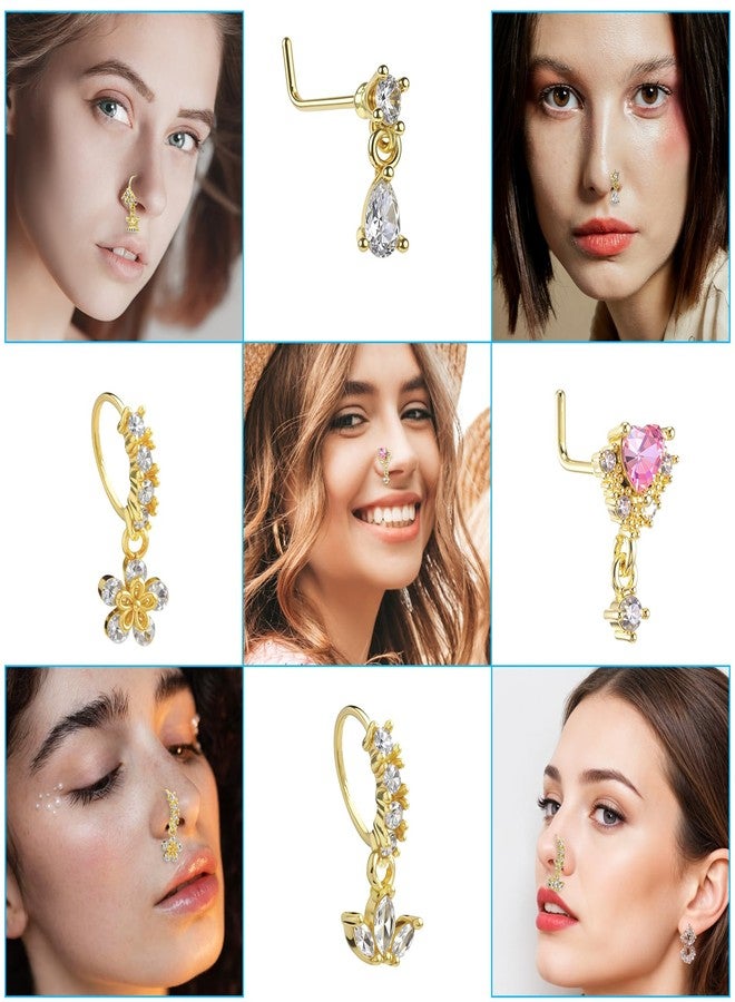 Yolev 10 Pcs Dangle Nose Ring Hoop for Women 20G L Shaped Dangling Nose Stud and Hoop Cute Noses Rings with Charm CZ Indian Piercing Jewelry Cartilage Earring For Women - Image 3