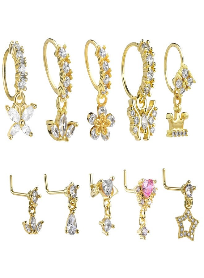 Yolev 10 Pcs Dangle Nose Ring Hoop for Women 20G L Shaped Dangling Nose Stud and Hoop Cute Noses Rings with Charm CZ Indian Piercing Jewelry Cartilage Earring For Women - Image 1