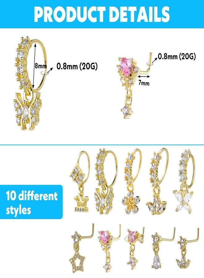 Yolev 10 Pcs Dangle Nose Ring Hoop for Women 20G L Shaped Dangling Nose Stud and Hoop Cute Noses Rings with Charm CZ Indian Piercing Jewelry Cartilage Earring For Women - Image 2