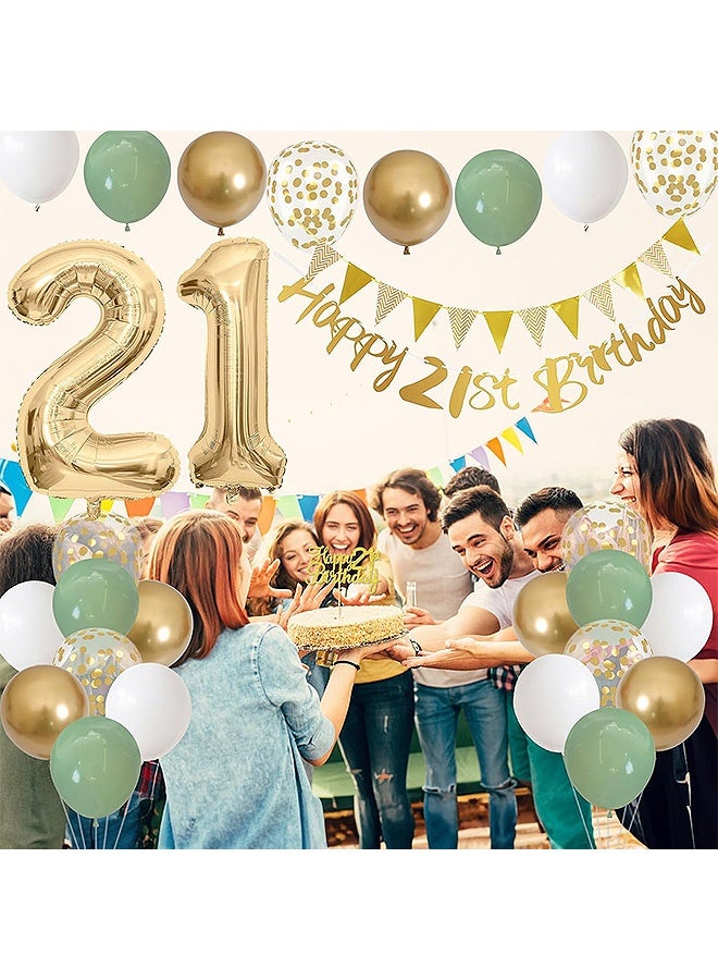 إم إكس إن زينة عيد الميلاد الحادي والعشرين، مجموعة زينة عيد الميلاد للرجال والنساء، لافتة سعيدة مع غطاء كعكة رقم 21 بالون من رقائق الألومنيوم وبالونات ذهبية بيضاء باللون الأخضر الفاتح - Image 3