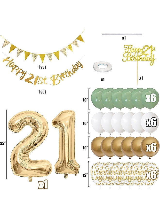 إم إكس إن زينة عيد الميلاد الحادي والعشرين، مجموعة زينة عيد الميلاد للرجال والنساء، لافتة سعيدة مع غطاء كعكة رقم 21 بالون من رقائق الألومنيوم وبالونات ذهبية بيضاء باللون الأخضر الفاتح - Image 2