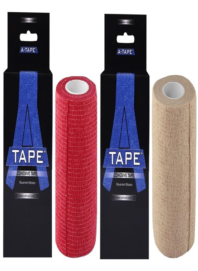 A-Tape Cohesive Crepe (10cm X 4.5 mtr, Pack of 2 Elastic Self Adherent Crepe Bandage Breathable Self Adhesive Cohesive Bandage for Humans & Pets (Dogs, Cats, Birds (10 cm (Red and Beige - Image 1