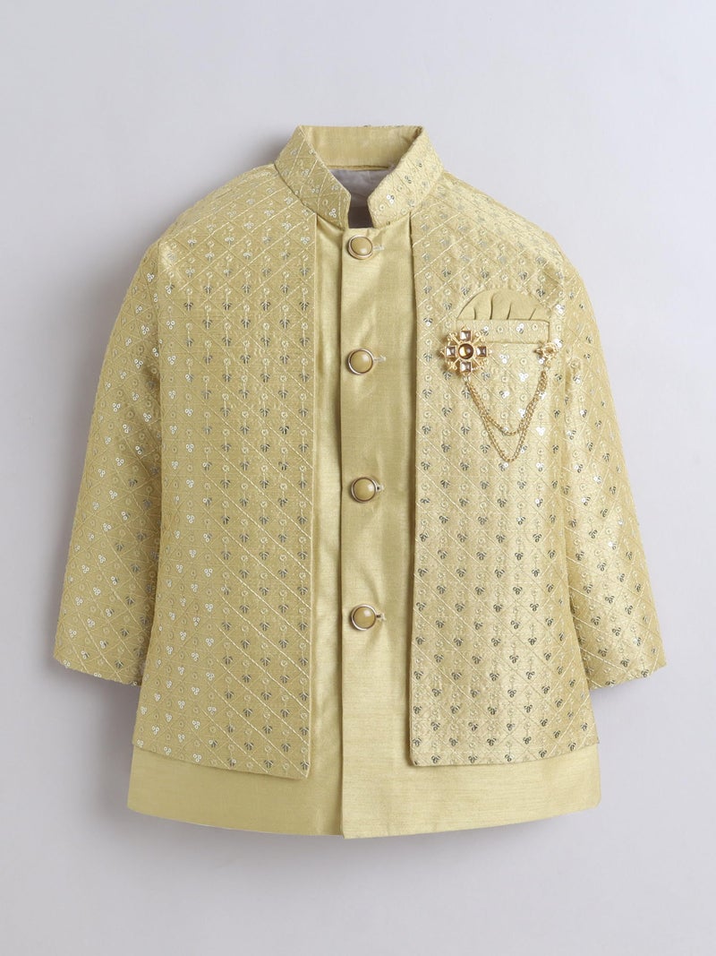 AHHAAAA Boy's Ethnic Cotton Silk Blend Nehru Modi Jacket Kurta & Pyjama Set for Boys|Sequin Embellished Ethnic Set|Ideal for any Festivals/Weddings Occasion|Green, 5-6 Years| - Image 3