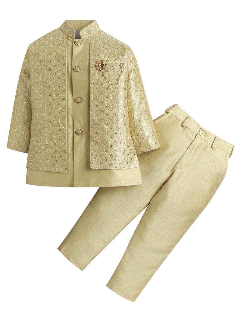 AHHAAAA Boy's Ethnic Cotton Silk Blend Nehru Modi Jacket Kurta & Pyjama Set for Boys|Sequin Embellished Ethnic Set|Ideal for any Festivals/Weddings Occasion|Green, 5-6 Years| - Image 1