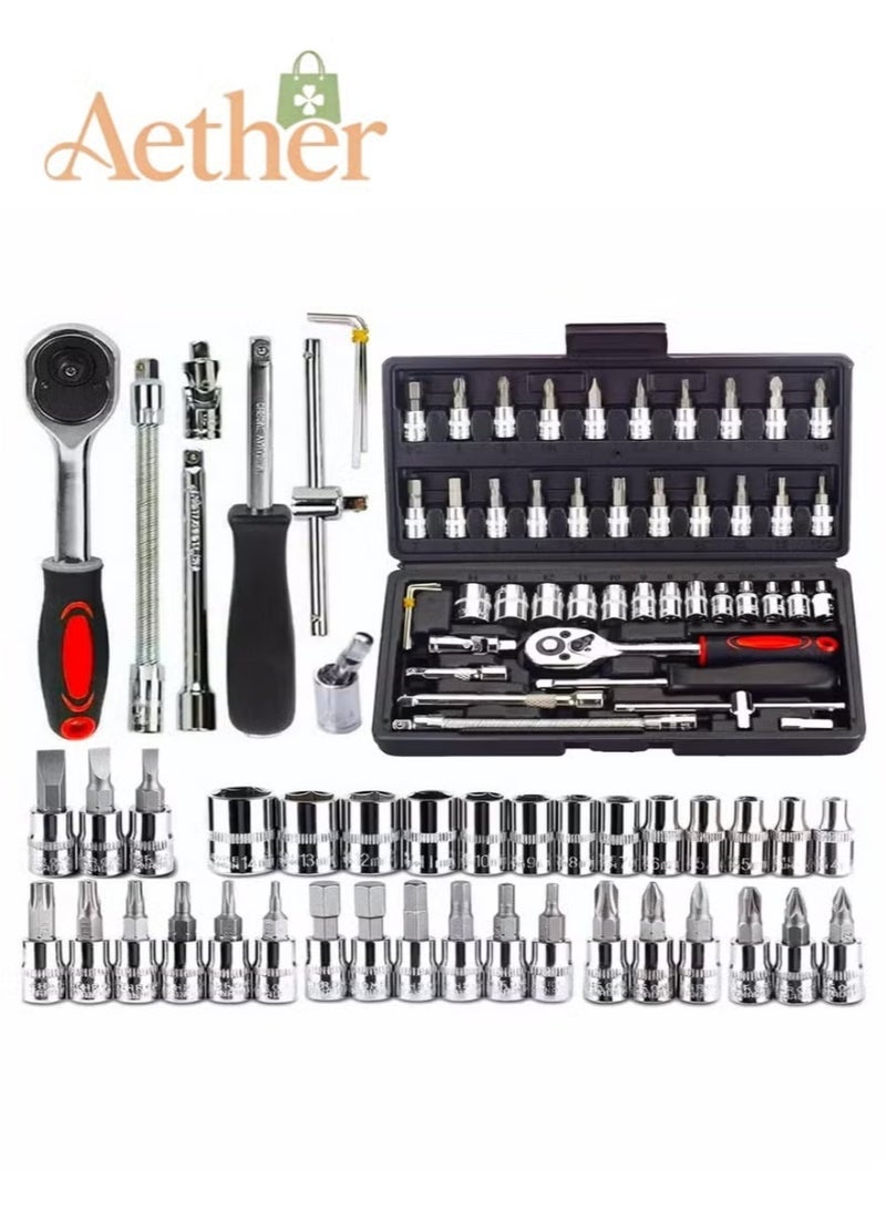 AETHER Mechanic Tools Kit for Automotive Repair, 46 Pieces, Heavy-Duty Hand Tools Set with Durable Carry Case, 32×19.5×18 cm, Black - Image 1