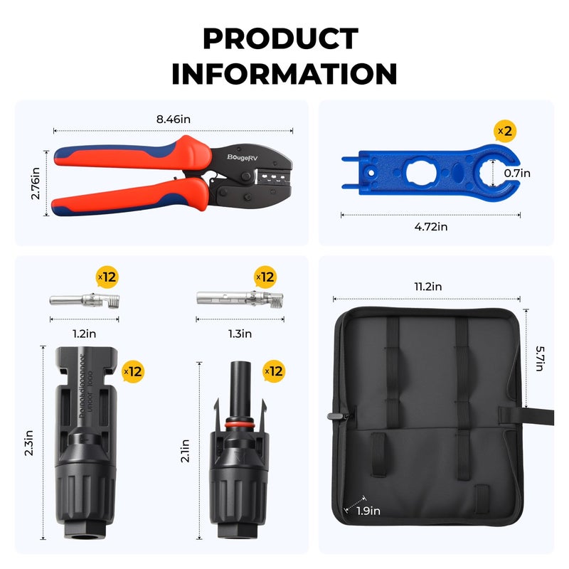 BougeRV Solar Crimper Tool Kit - Crimper, 12 Pairs Connectors, 2 Spanner Wrench for 14-10 AWG Solar Panel Cable Wire Crimping PV Assembly and Installation - Image 2