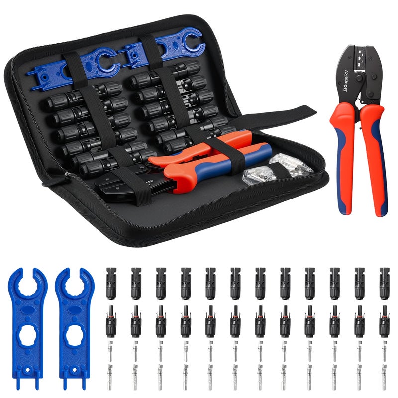 BougeRV Solar Crimper Tool Kit - Crimper, 12 Pairs Connectors, 2 Spanner Wrench for 14-10 AWG Solar Panel Cable Wire Crimping PV Assembly and Installation - Image 1