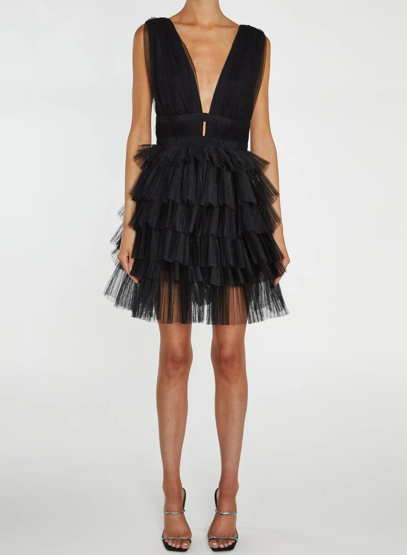 True Decadence Elle Black Plunge-Front Tiered Tulle Mini-Dress