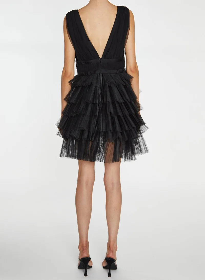 True Decadence Elle Black Plunge-Front Tiered Tulle Mini-Dress