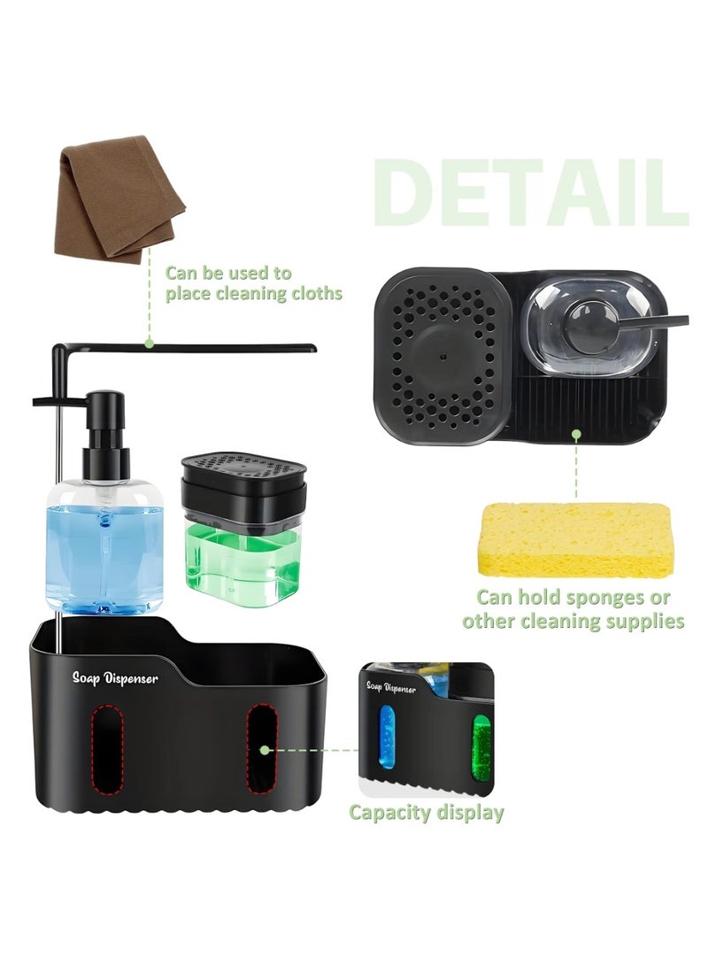 UrbanEssentia Hand & Dish Soap Dispenser Set with Sponge Holder & Towel Rack – 4-in-1 Dual Soap Pump Dispenser for Kitchen Countertop and Sink Organization & Storage. (Black) - Image 3