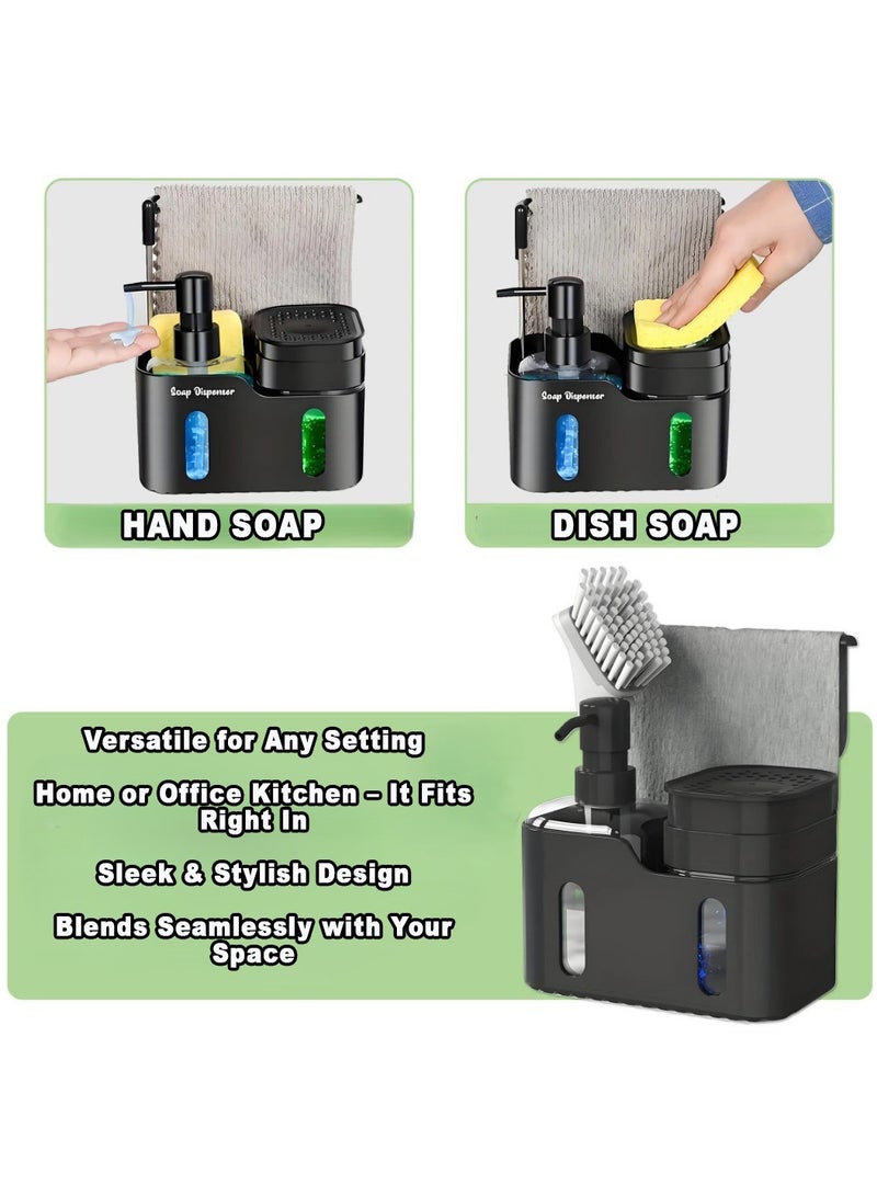 UrbanEssentia Hand & Dish Soap Dispenser Set with Sponge Holder & Towel Rack – 4-in-1 Dual Soap Pump Dispenser for Kitchen Countertop and Sink Organization & Storage. (Black) - Image 4