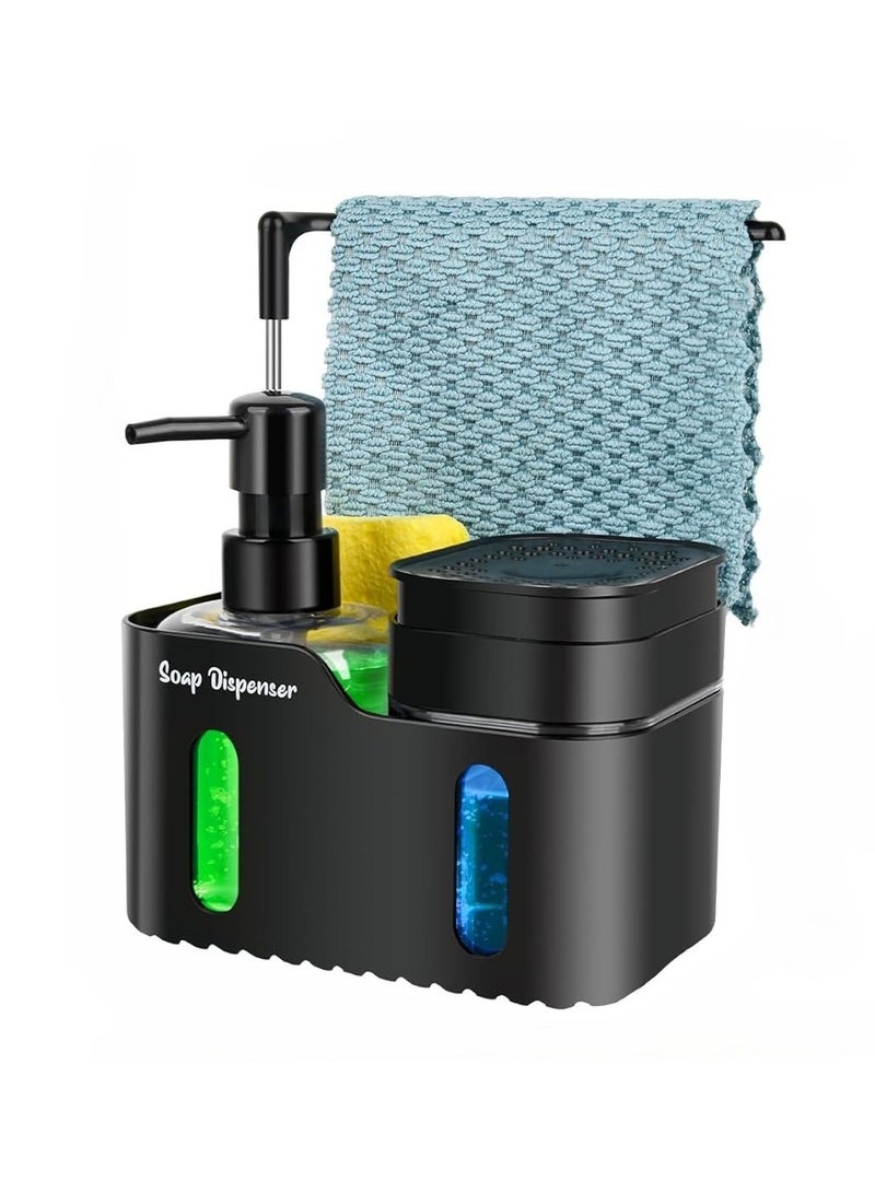UrbanEssentia Hand & Dish Soap Dispenser Set with Sponge Holder & Towel Rack – 4-in-1 Dual Soap Pump Dispenser for Kitchen Countertop and Sink Organization & Storage. (Black) - Image 1