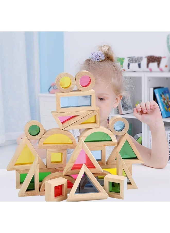 Agirlgle Agirlgle Wood Building Blocks Set for Kids 24 Pcs Rainbow Stacker Stacking Game Construction Toys Set Preschool Colorful Learning Educational Toys - Geometry Wooden Blocks for Boys & Girls  - Image 1