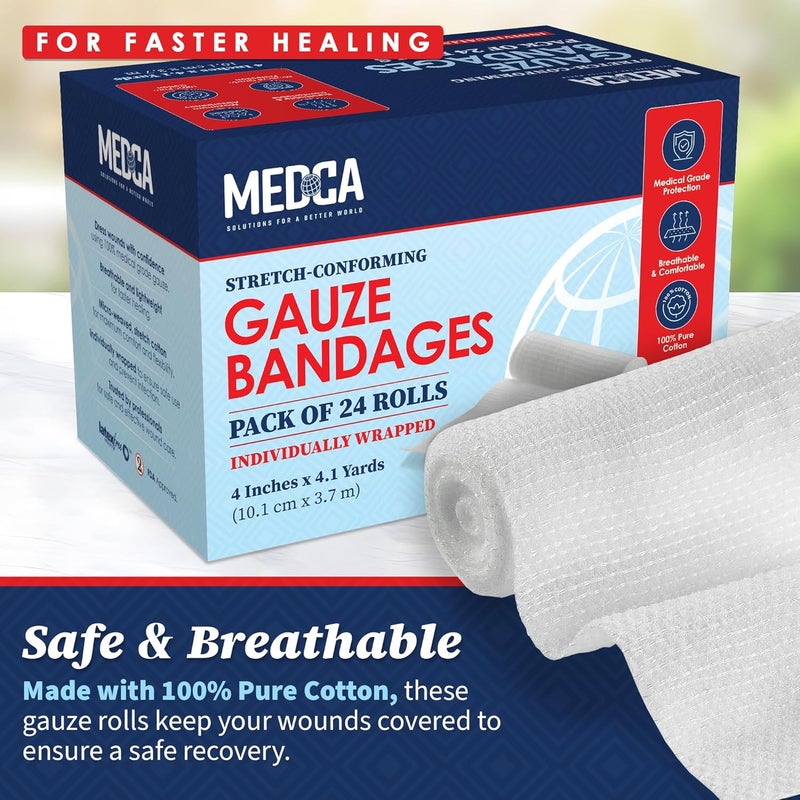 MEDca Gauze Bandage Rolls  24 Pack 4 in x 41 Yards Per Roll Medical Grade Stretch Wrapping for Dressing All Types of Wounds and First Aid Kit 4Inch 24 Pcs - Image 2